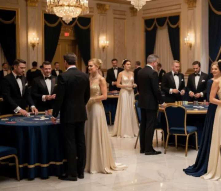 Luksusowy event kasynowy z eleganckimi gośćmi i profesjonalnymi stołami do gier