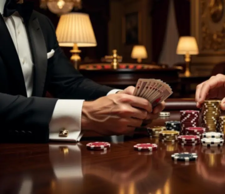 Profesjonalny stół pokerowy z żetonami i kartami podczas eventu