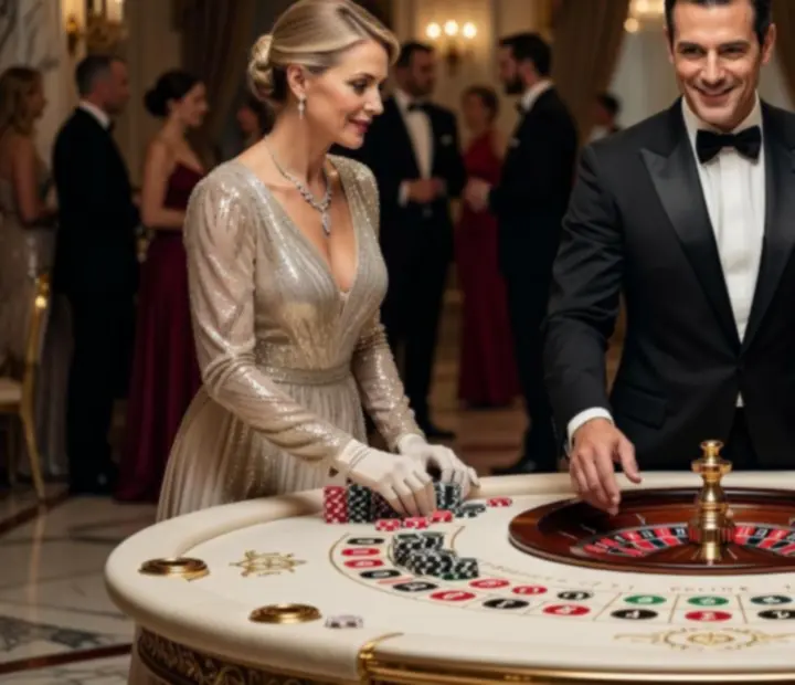 Luksusowe przyjęcie w stylu kasynowym z profesjonalnymi stołami do gry i elegancką scenografią
