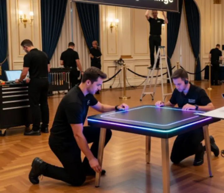 Zespół produkcyjny przygotowujący scenografię kasynową przed rozpoczęciem eventu