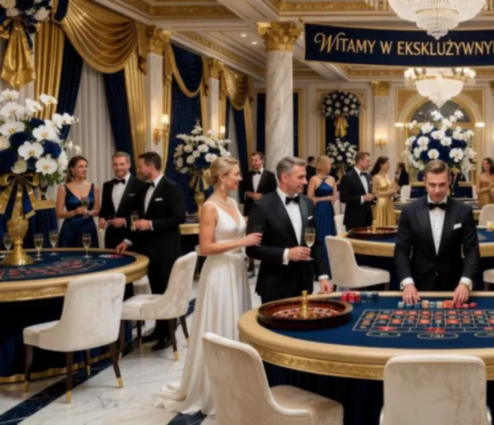 Ekskluzywny wieczór kasynowy z elegancką scenografią i stołami do gry
